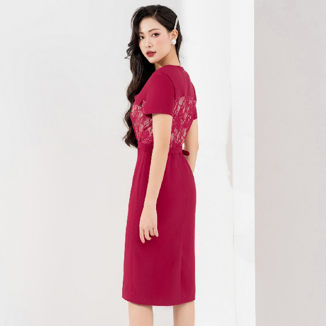 Đầm ôm công sở HeraDG thiết kế cổ V tay ngắn phối ren thân trên kèm đai eo rời SDPBC2071