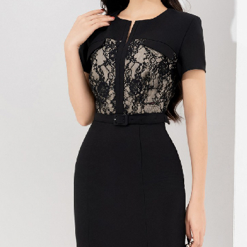 Đầm ôm công sở HeraDG thiết kế cổ V tay ngắn phối ren thân trên kèm đai eo rời SDPBC2071