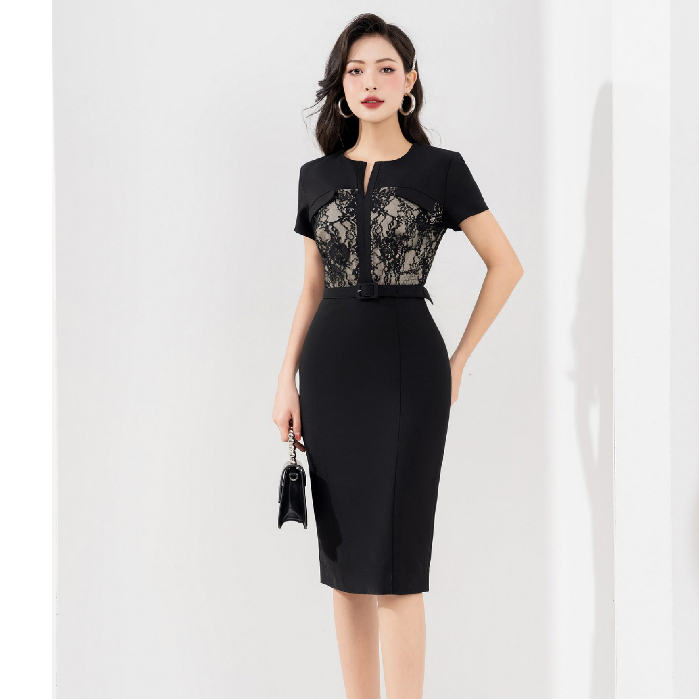 Đầm ôm công sở HeraDG thiết kế cổ V tay ngắn phối ren thân trên kèm đai eo rời SDPBC2071