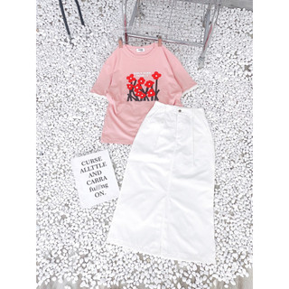 SET CHÂN VÁY MIDI TRẮNG PULL HỒNG