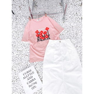 SET CHÂN VÁY MIDI TRẮNG PULL HỒNG