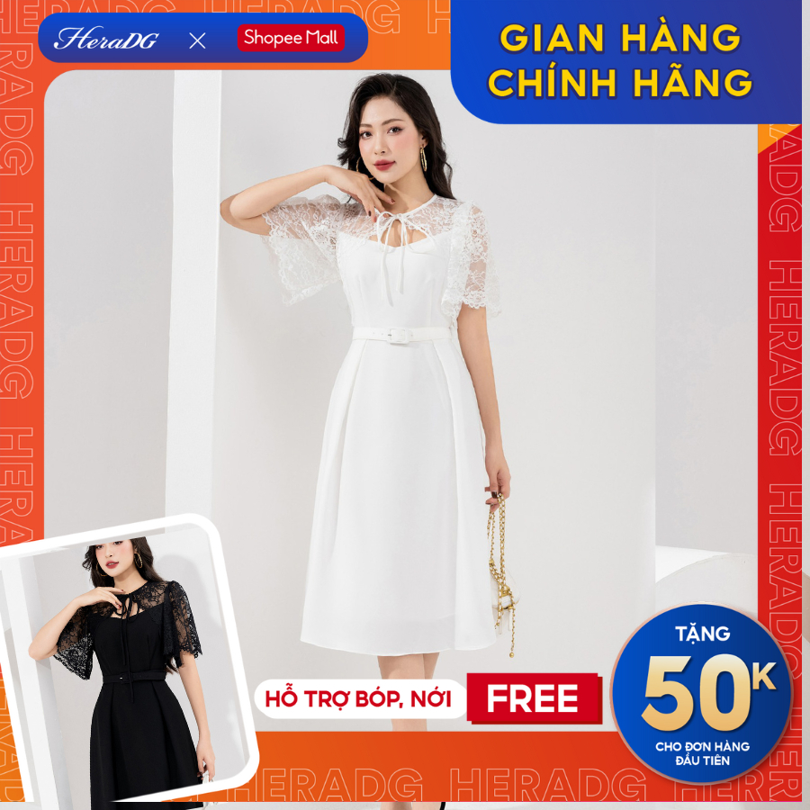 Đầm xòe 2 dây HeraDG phối ren choàng thắt nơ cổ kèm đai eo rời chất liệu tuytsi mềm mại lên form SDPBC2075