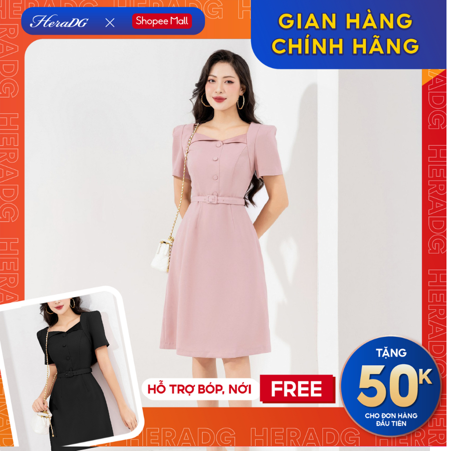 Đầm A cổ vuông công sở HeraDG thiết kế cúc bọc trang trí tay ngắn vừa kèm đai eo rời chất liệu Tuytsi cao cấp SDPBC3049