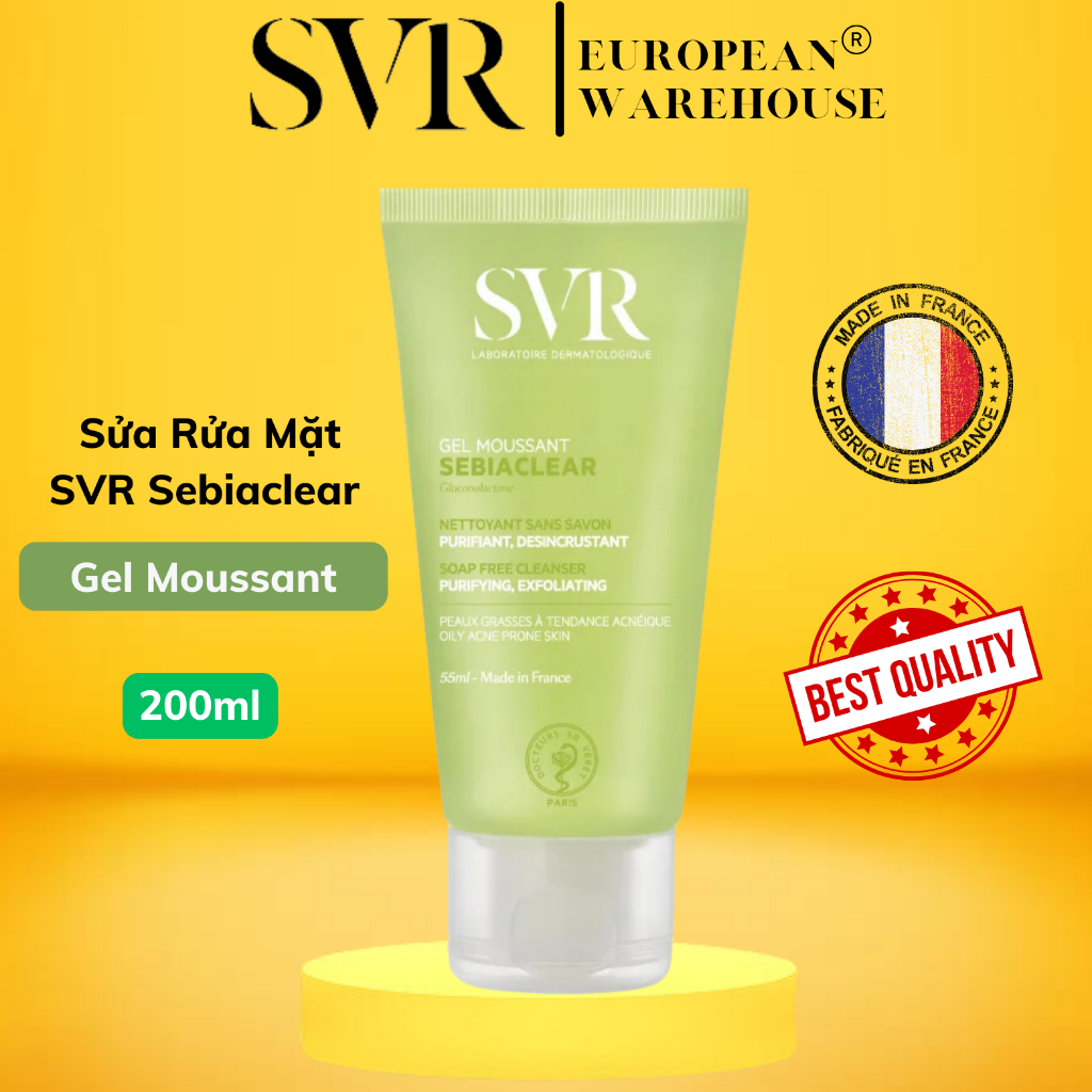 Sữa rửa mặt SVR Sebiaclear Gel Moussant / Physiopure Gelee Moussante Da Dầu / Da Nhạy Cảm 200ml