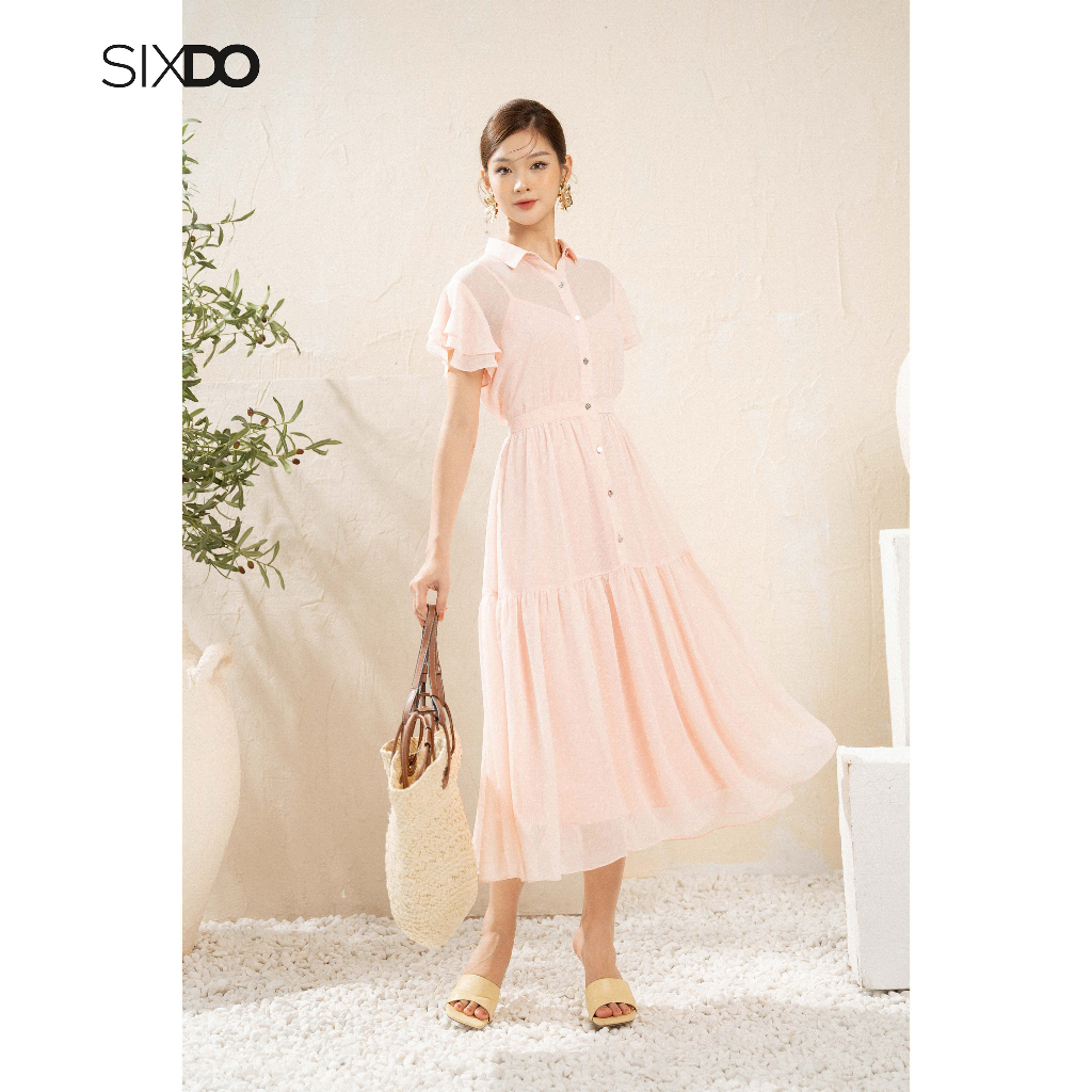 Đầm sơ mi hồng dáng xòe ngắn tay thời trang SIXDO (Light Pink Polka Dot Ruffled Midi Voile Dress)