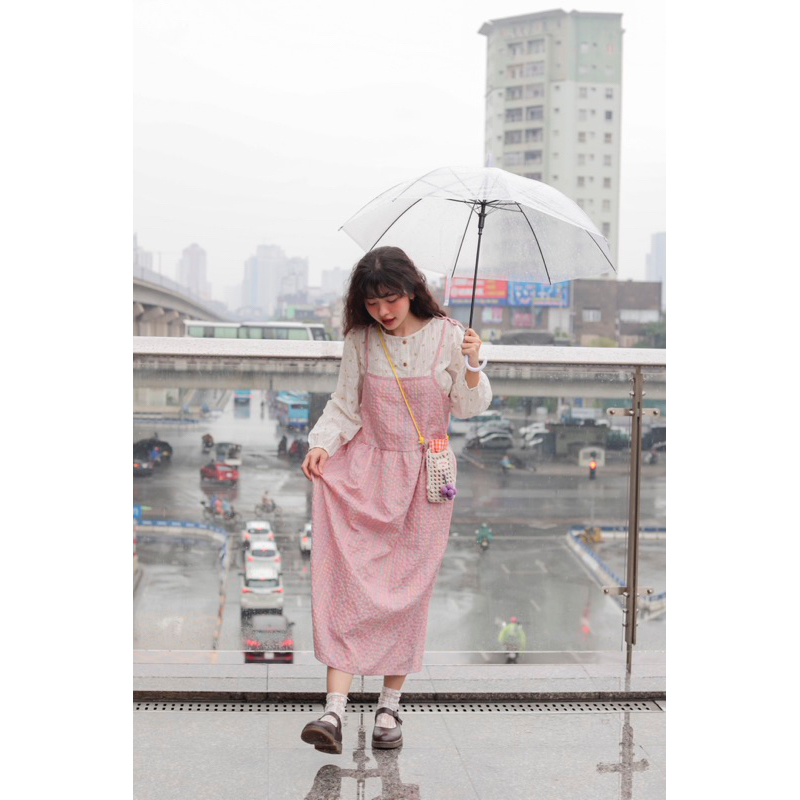 Váy hai dây Lá Xoè chất liệu vải xốp dập nhăn hoạ tiết kẻ caro | dây buộc nơ vai