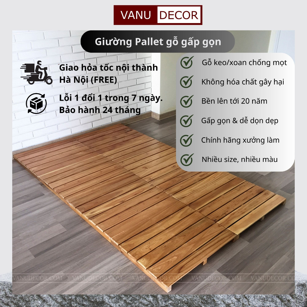 Giường pallet gỗ gấp gọn VANU DECOR 1m2 1m4 1m6 1m8 Decor nội thất phòng ngủ, dễ di chuyển, đa năng