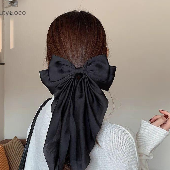 beautycoco🍊 Kẹp tóc đính nơ ruy băng cỡ lớn màu đen phong cách Hàn Quốc cho nữ