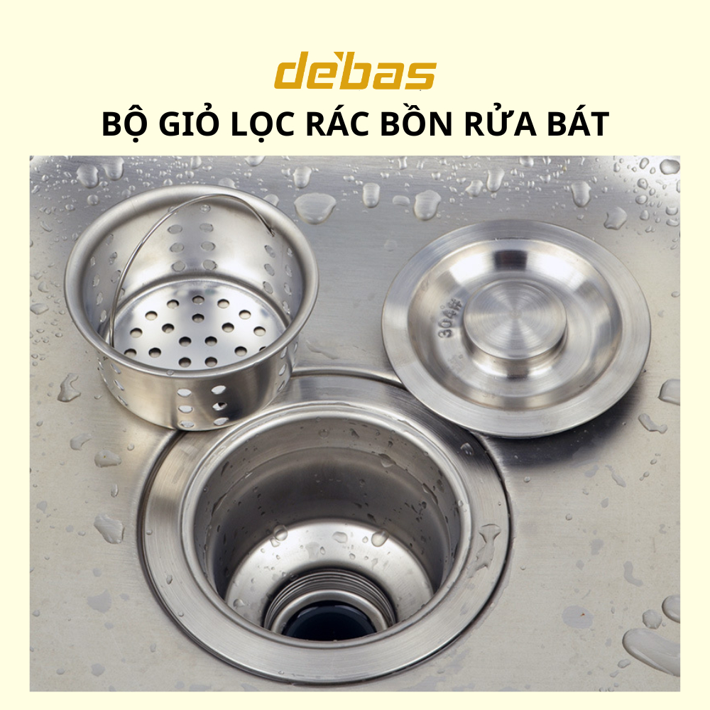 Bộ giỏ lọc rác  nắp đậy bồn rửa bát INOX SUS304 rổ giỏ lọc rác gác bồn rửa Debas