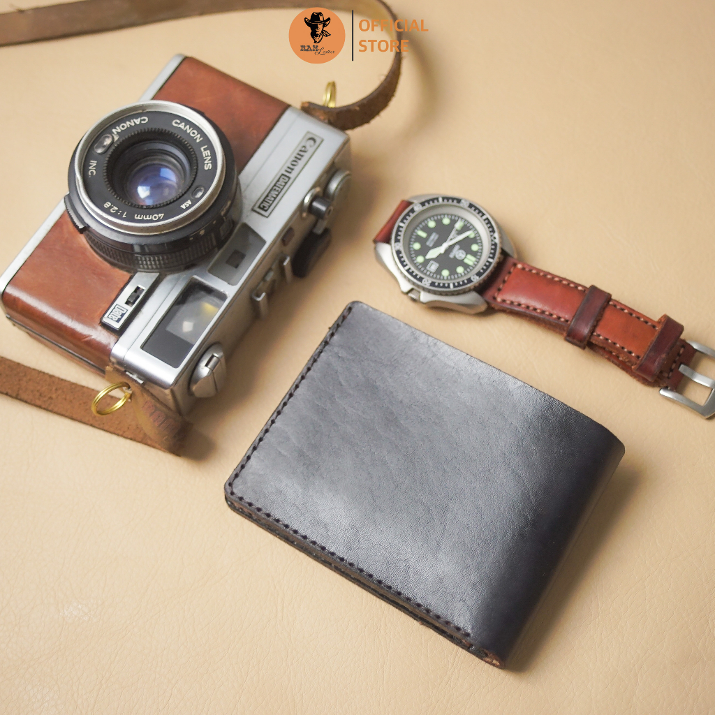 Ví nam Nữ Da Bò Italia Vegtan RAM Leather Khắc Trống Đồng Việt Nam Đen Tuyền