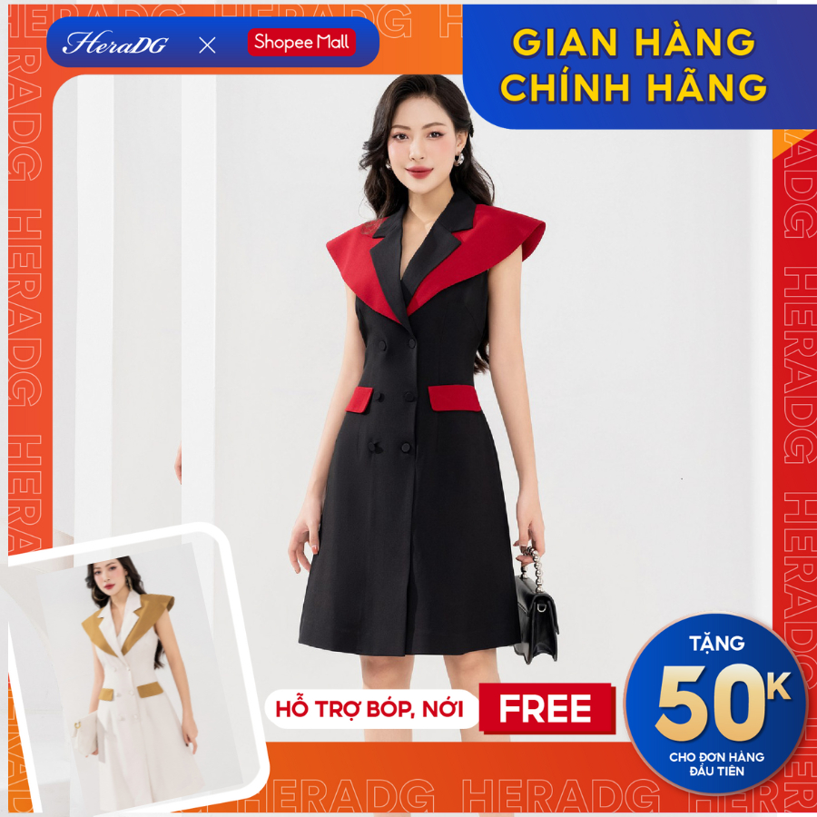 Đầm A công sở HeraDG thiết kế cổ bẻ ve sang trọng có nắp túi trang trí chất liệu Tuytsi cao cấp SDPBC6126