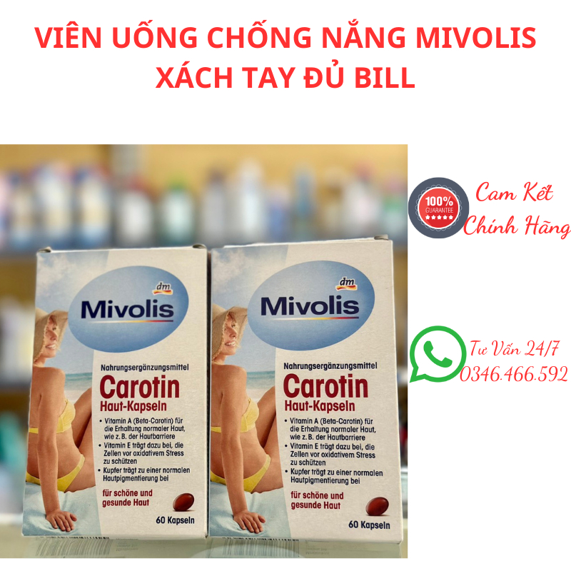 Viên Uống Chống Nắng Mivolis Carotin hộp 60 viên của Đức đủ bill