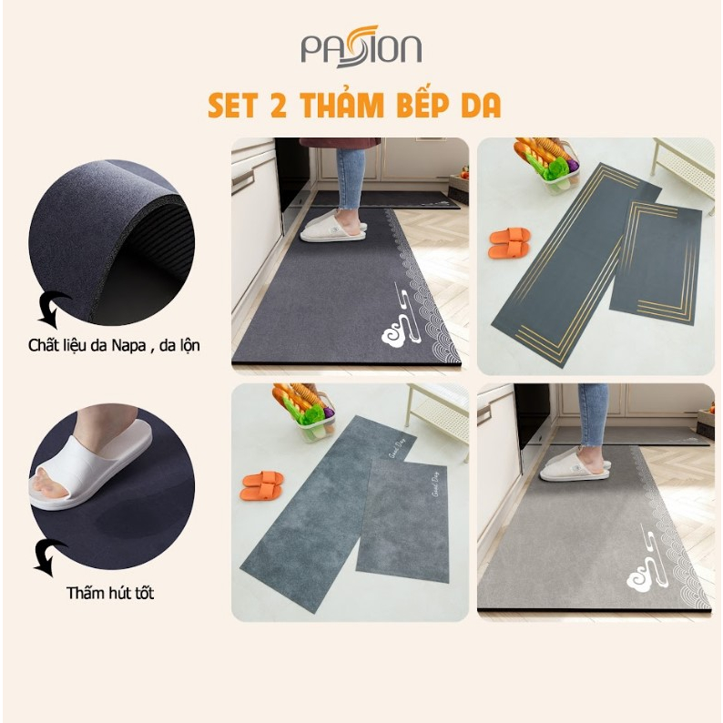 Set 2 Thảm Bếp Da Cao Cấp Thấm Hút Chống Trơn Trượt Tốt Họa Tiết Tối Giản Sang Trọng