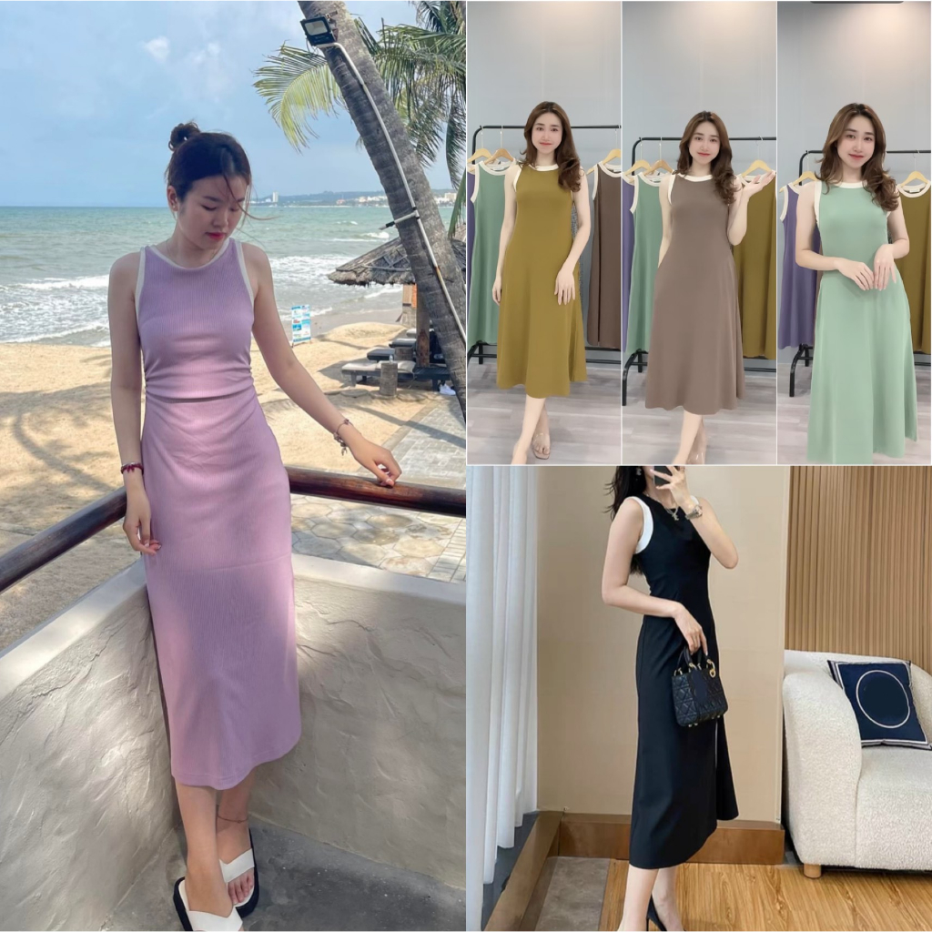 Váy sát nách phối viền be maxi hàng đủ size S,M,L,XL Váy chữ A