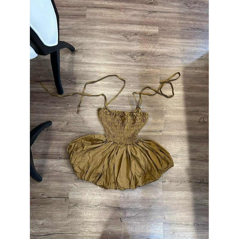 Set Đầm Dây Thắt Nơ Vai Nhún Ngực Mocking Dáng Bí Kèm Quần Short