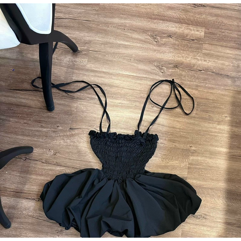 Set Đầm Dây Thắt Nơ Vai Nhún Ngực Mocking Dáng Bí Kèm Quần Short