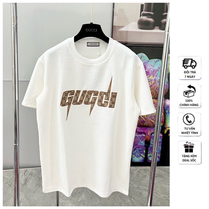 Áo phông nam cổ tròn thêu chữ nổi L.V chất xốp cotton