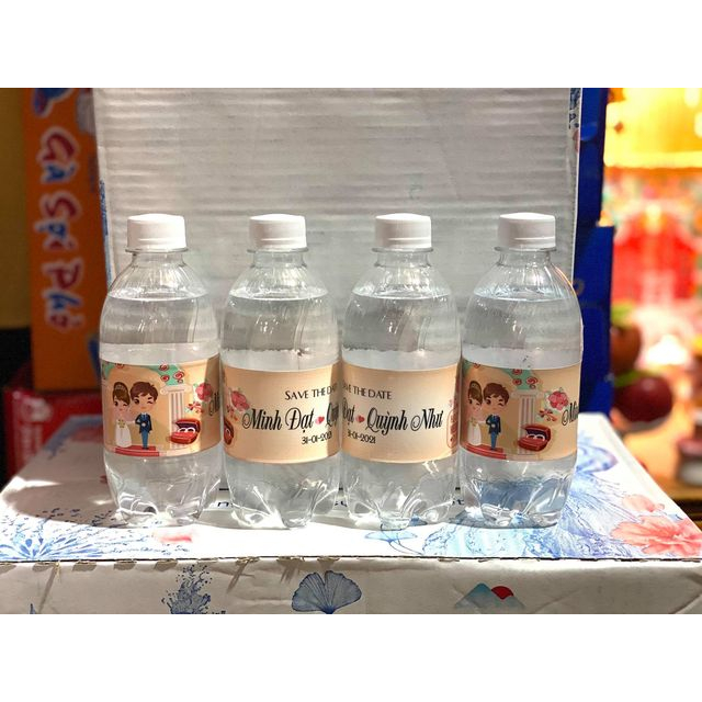 TEM DÁN CHAI NƯỚC SUỐI 355ml ĐÁM CƯỚI HỎI SINH NHẬT TIỆC PARTY HAFU HOUSE