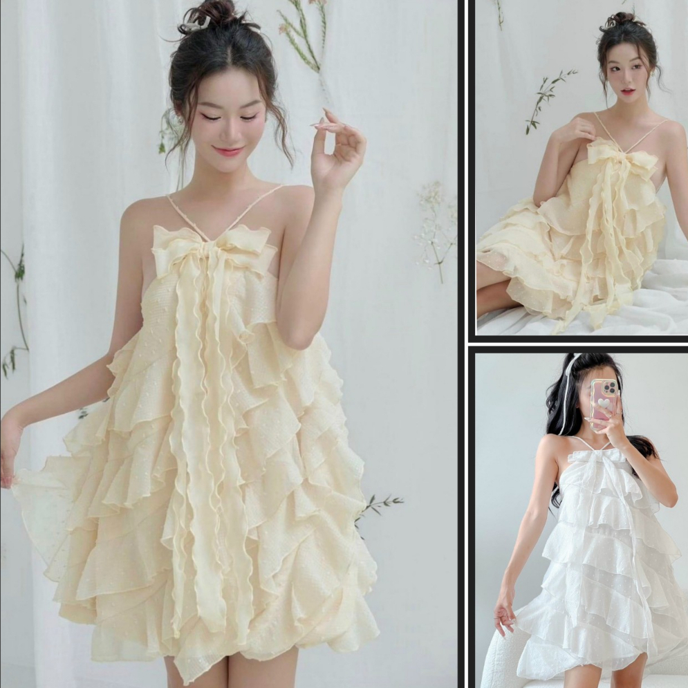 Đầm cổ yếm bèo xếp tầng dáng mini cột nơ ngực tiểu thư sang chảnh xinh xắn dành các nàng dạo phố, đi chơi, dự tiệc
