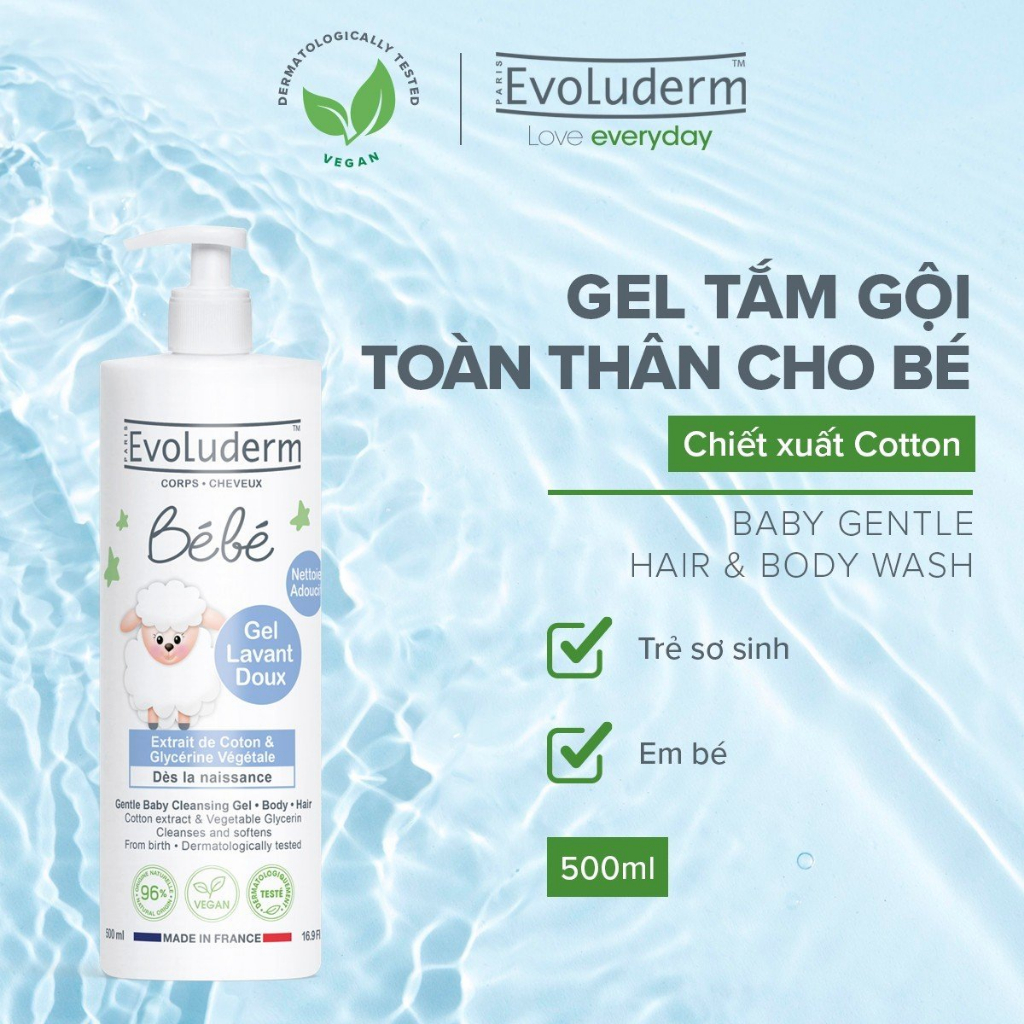 Gel tắm gội làm sạch dưỡng ẩm toàn thân cho em bé Chính hãng Evoluderm 500ml