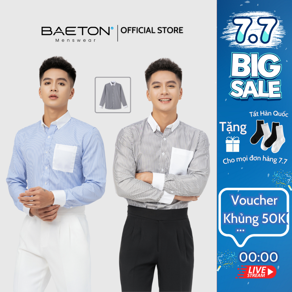 Áo sơ mi nam kẻ sọc phối tay Line K Hàn Quốc cao cấp lụa hàn lịch lãm thương hiệu BAETON - S02 | BigBuy360 - bigbuy360.vn