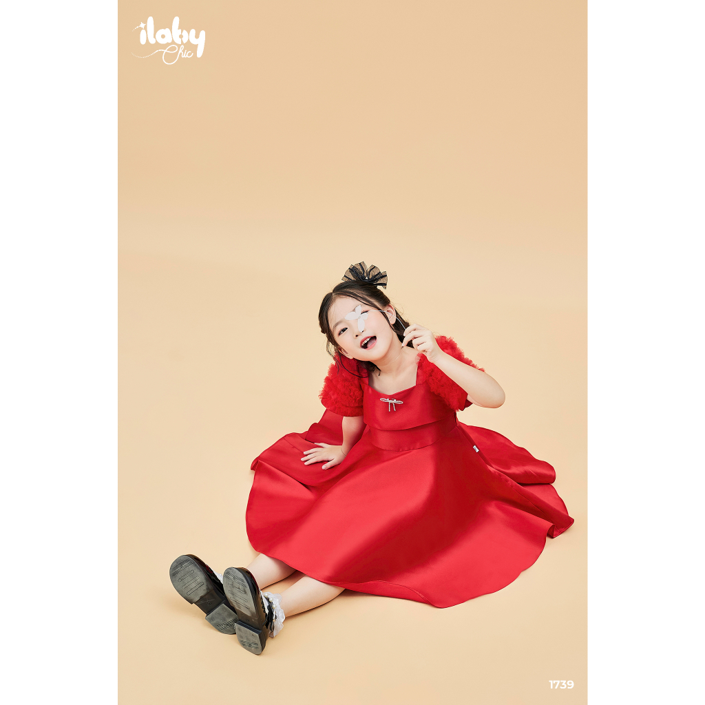 Váy công chúa bé gái ILABY tay chuông cổ vuông chất liệu tafta kèm lót lụa habuta mềm mại cho bé 10-30kg