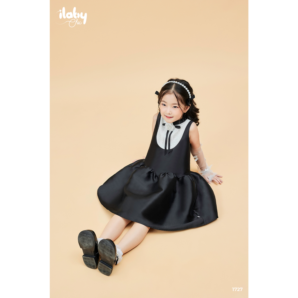 Váy công chúa bé gái ILABY cổ tàu phối ren nơ chất liệu tafta kèm lót lụa habuta mềm mại cho bé 10-35kg