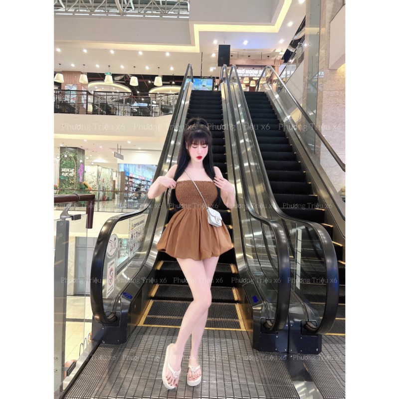 Set Đầm Dây Thắt Nơ Vai Nhún Ngực Mocking Dáng Bí Kèm Quần Short