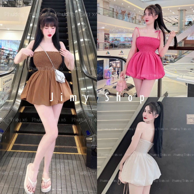 Set Đầm Dây Thắt Nơ Vai Nhún Ngực Mocking Dáng Bí Kèm Quần Short