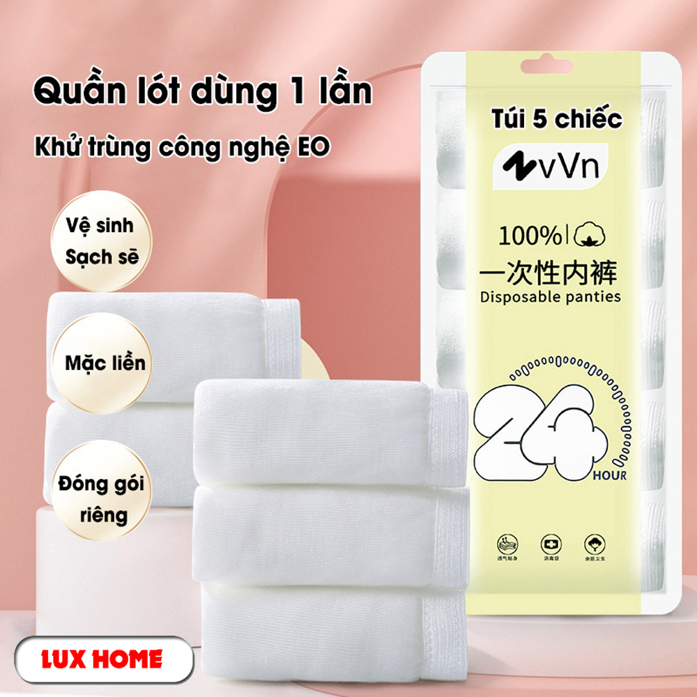 Quần lót dùng 1 lần set 5 túi, chất liện cotton, đáy quần 2 lớp, tiện lợi khi đi du lịch, mẹ bầu đi sinh