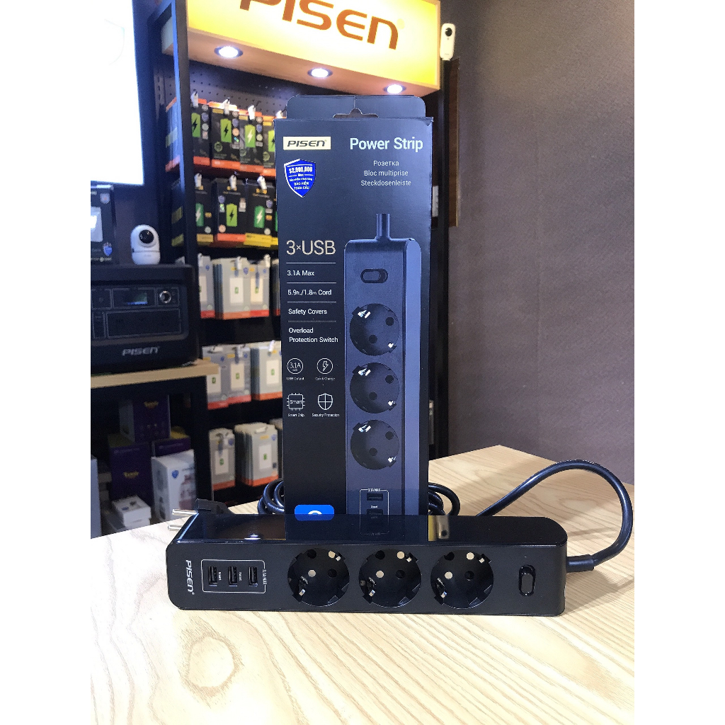 Ổ cắm điện Pisen 303-EP, 3 cổng sạc AC, 3 cổng sạc USB, bảo hành 18 tháng - Hàng chính hãng