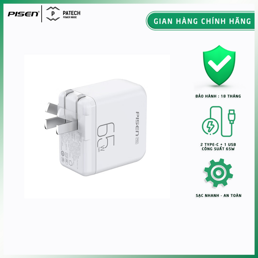 Sạc PISEN PRO GaN Nitrogen PD65W (2C+A), model: DM8117CN, sạc nhanh, công nghệ GaN, bảo hành 18 tháng - Hàng chính hãng