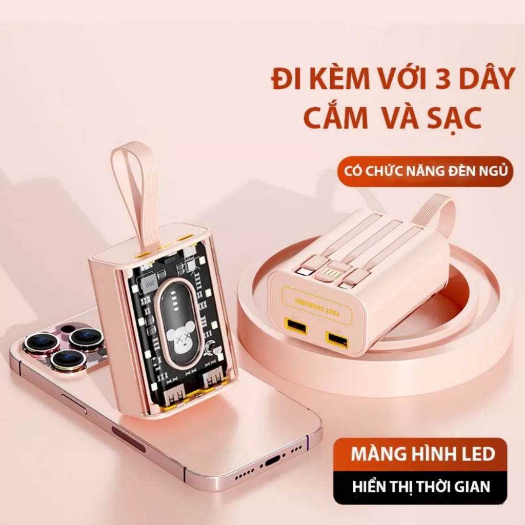 Sạc Pin Dự Phòng Chính Hãng Ekawi Xy694 Tích Hợp Màn Hình Led Kèm 3 Cáp Sạc, Đèn Pin Tiện Lợi Hình Gấu Cute