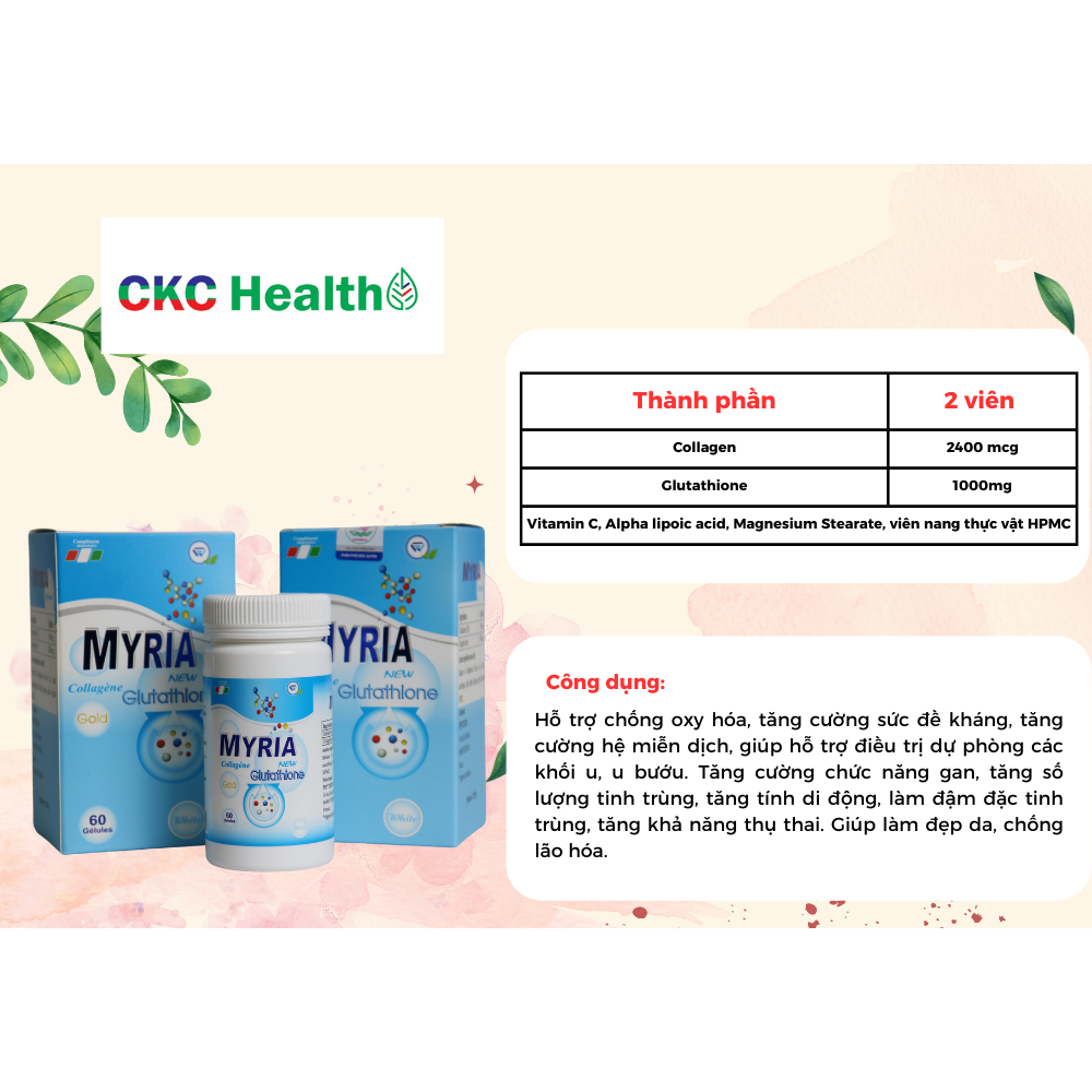 Viên uống trắng da MYRIA Nhập khẩu Pháp với thành phần Glutathione & Collagen giảm thâm nám, cân bằng nội tiết