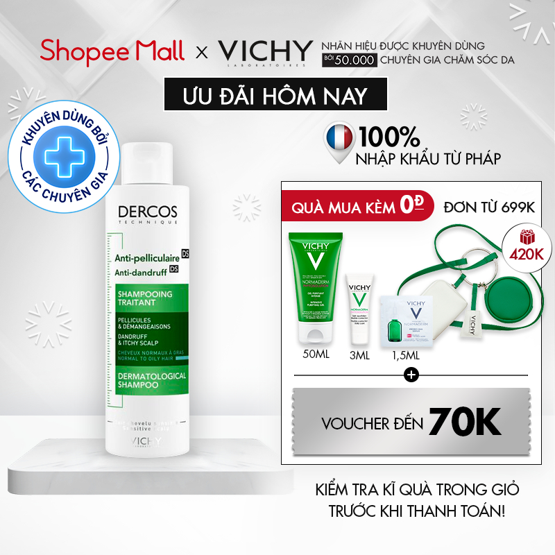Dầu gội sạch gàu cho da đầu dầu, ngứa Vichy Dercos Anti Dandruff 200ml