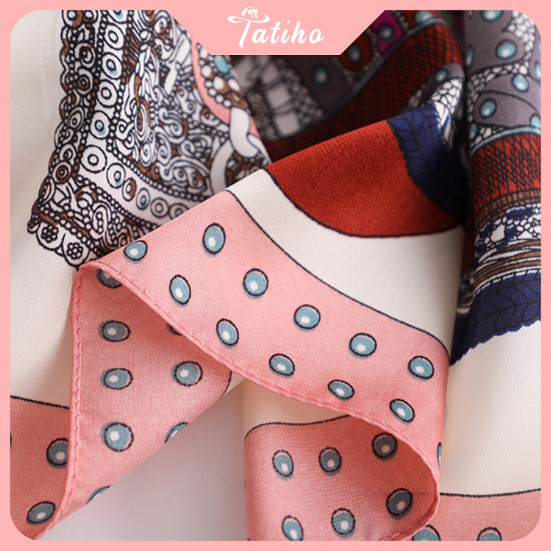 Khăn lụa vuông unisex, Khăn turban làm áo chất chiffon họa tiết yên ngựa phối viền chấm bi sang trọng 70x70cm - Mã KL056