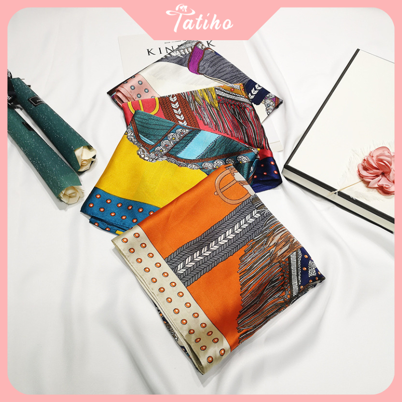 Khăn lụa vuông unisex, Khăn turban làm áo chất chiffon họa tiết yên ngựa phối viền chấm bi sang trọng 70x70cm - Mã KL056