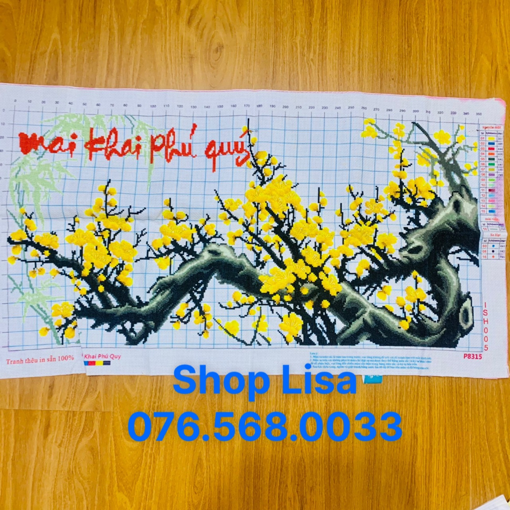 Tranh thêu chữ thập MAI KHAI PHÚ QUÝ đã thêu 87x47cm thành phẩm p8315