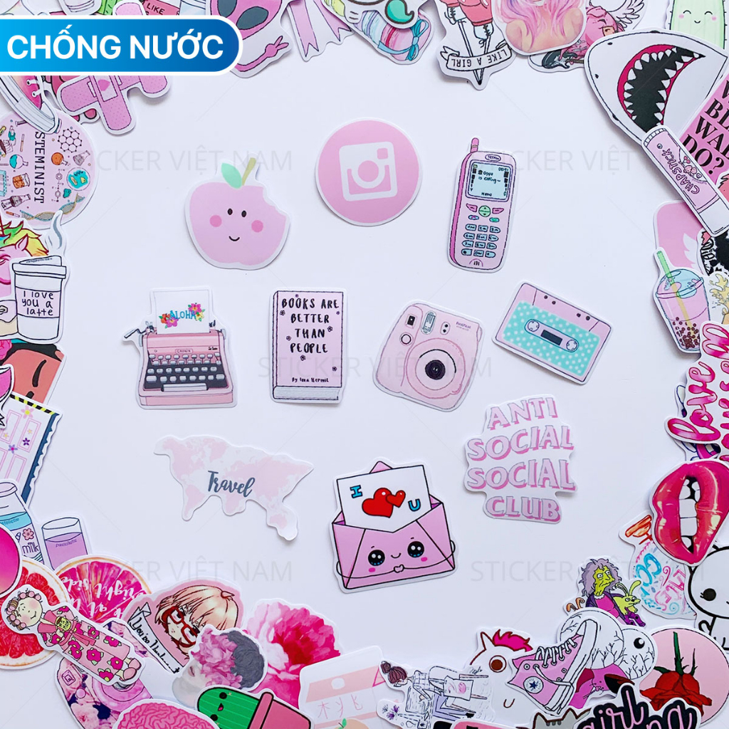 Sticker HỒNG NHẠT - PINK PASTEL Dễ thương Chống Nước Trang Trí Va li, Xe, Laptop, Nón Bảo Hiểm