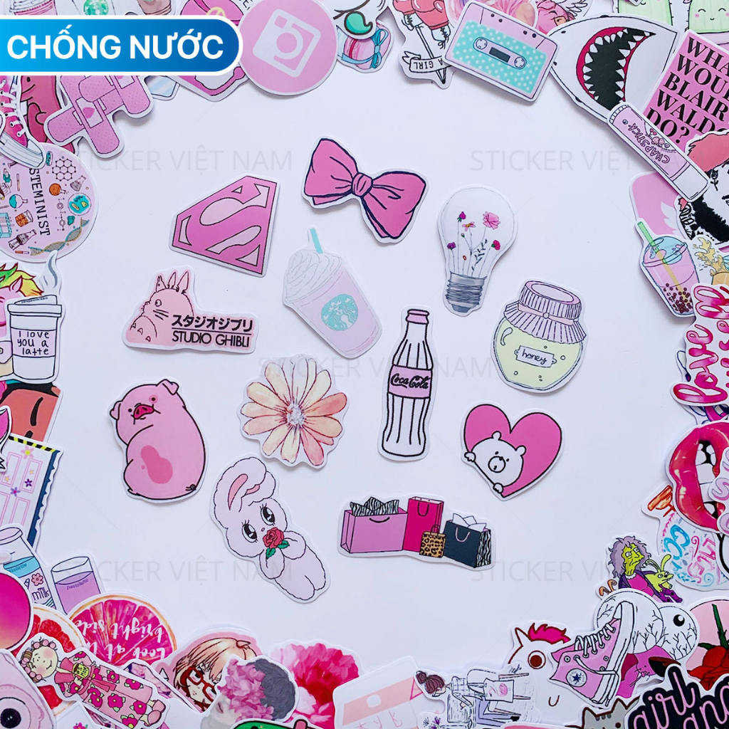 Sticker HỒNG NHẠT - PINK PASTEL Dễ thương Chống Nước Trang Trí Va li, Xe, Laptop, Nón Bảo Hiểm