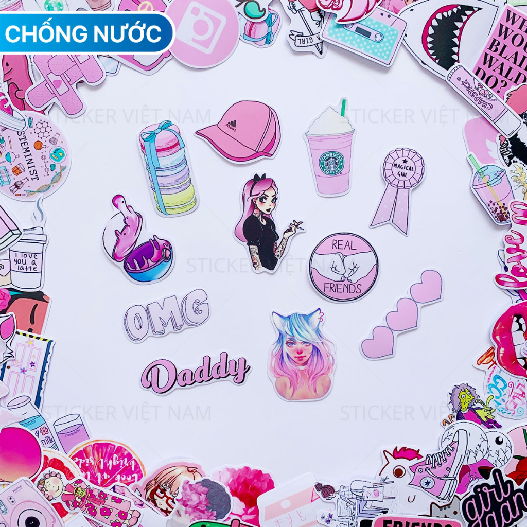 Sticker HỒNG NHẠT - PINK PASTEL Dễ thương Chống Nước Trang Trí Va li, Xe, Laptop, Nón Bảo Hiểm