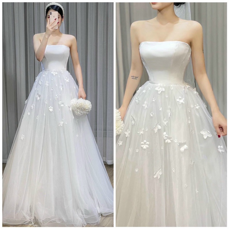 Váy đầm cưới cup đính hoa nổi 3D tùng lưới dáng xoè công chúa cho cô dâu V377 fullsize AĐ BOUTIQUE