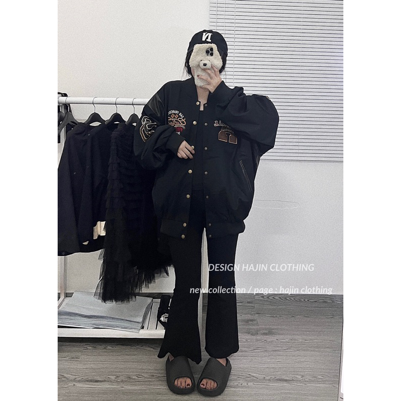 Áo khoác bomber nam nữ form rộng phối da