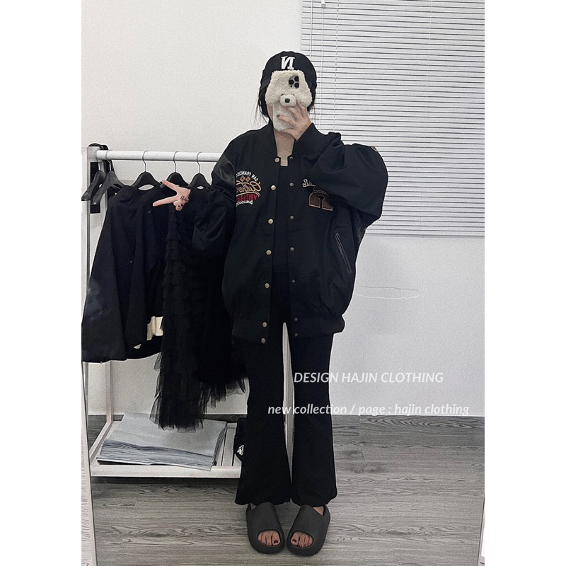 Áo khoác bomber nam nữ form rộng phối da