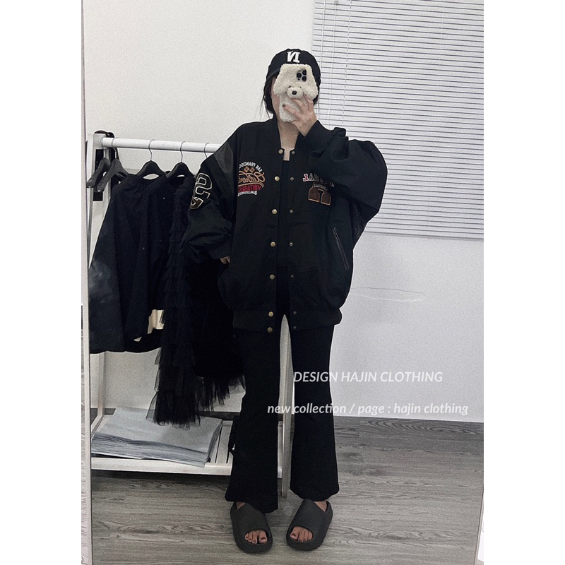 Áo khoác bomber nam nữ form rộng phối da