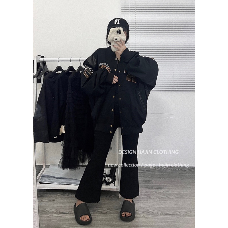 Áo khoác bomber nam nữ form rộng phối da