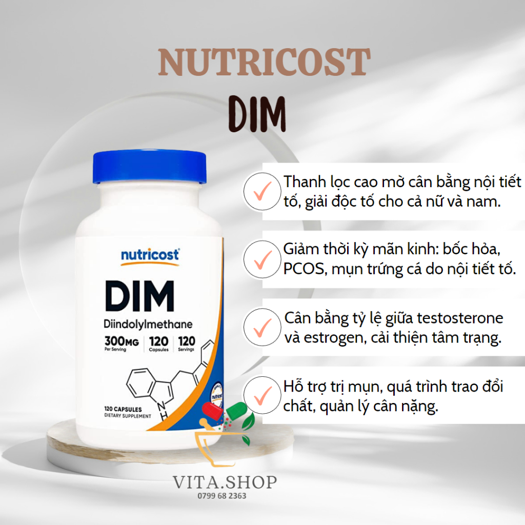 Nutricost DIM with Black Pepper Extract 300mg - Viên uống bổ sung hormone, cân bằng nội tiết tố nữ Estrogen 120 viên