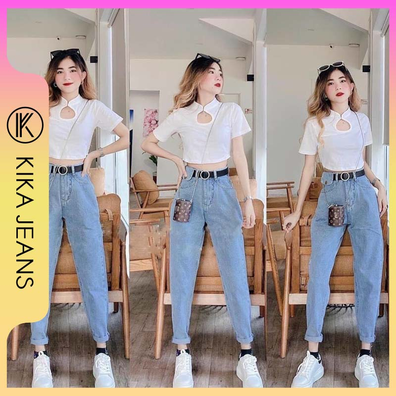 Quần Baggy Nữ Jean Có 3 Màu Lưng Cao Túi Nắp Kiểu Bigsize Đến 80kg Siêu Dễ Thương Ms111 KikaJeans