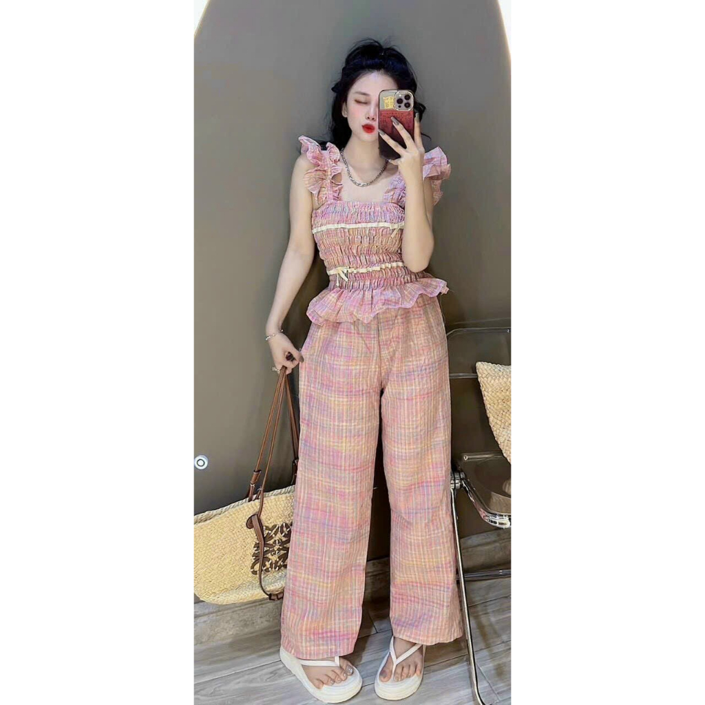 Set đồ bộ nữ áo dập ly nhúng chun họa tiết 2 dây bèo cách tiên sang chảnh, bộ đũi viền nơ màu hồng caro ngọt ngào MTB