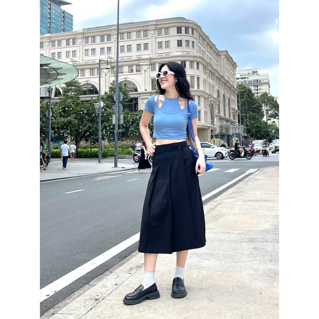Áo thun croptop tay ngắn cutout vai thời trang GAGO màu xanh dương GA4405